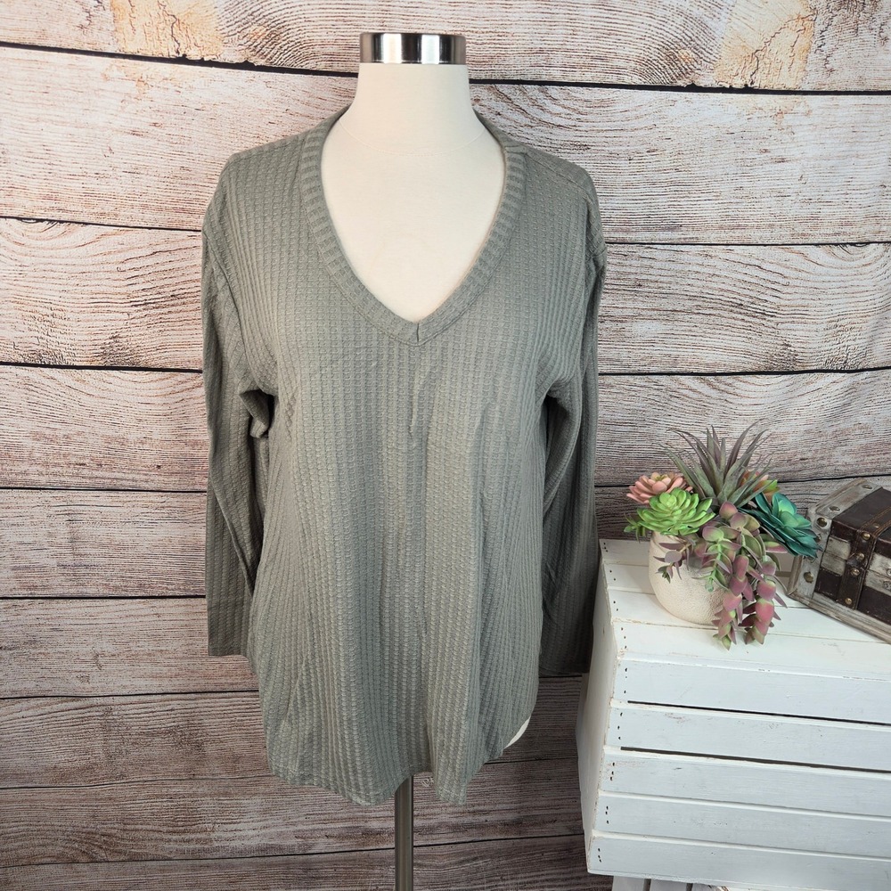 Chaser Womens Olive Green Waffle Knit Thermal V-Neck Long Sleeve Top Size L